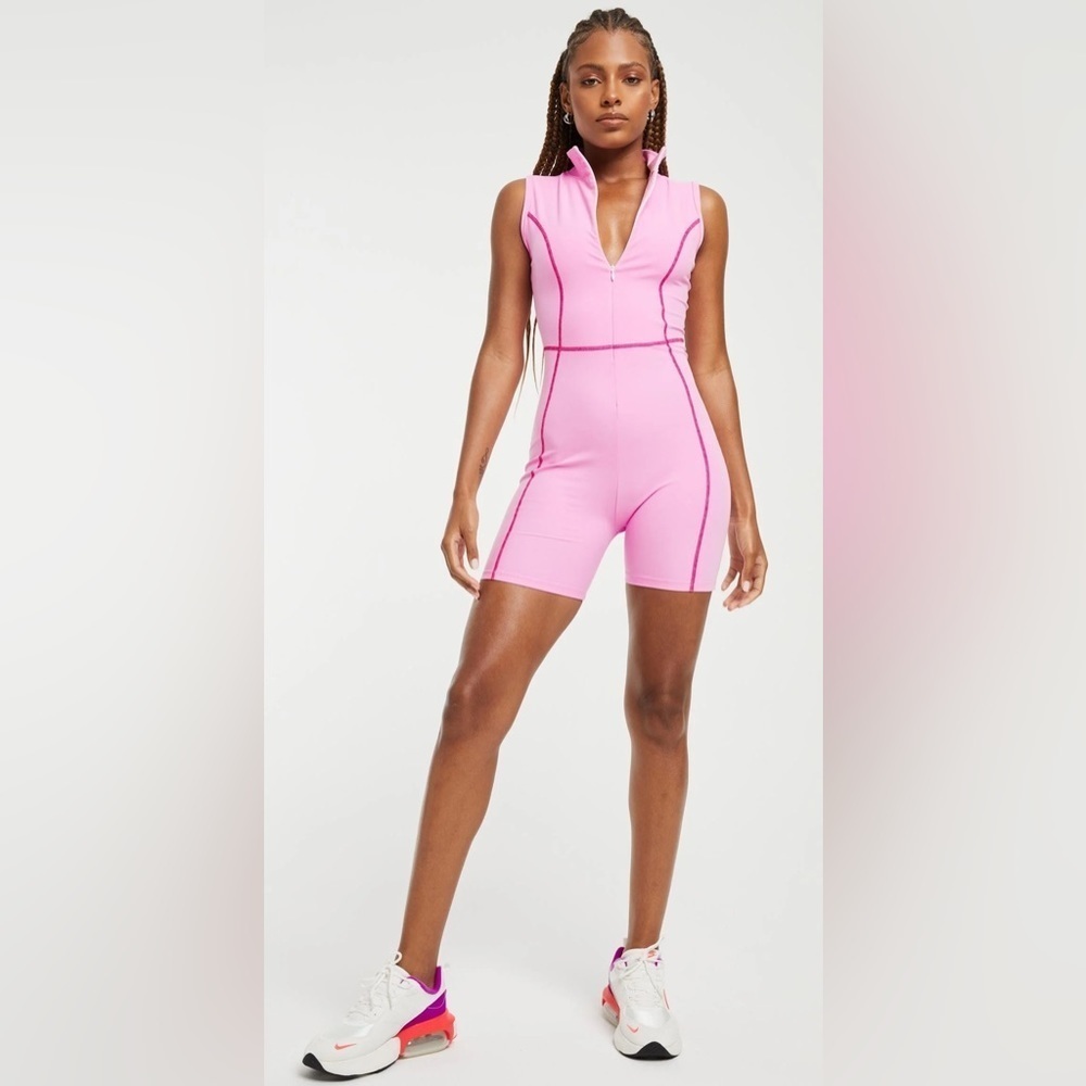 Years Of Ours Pink Sleeveless Front Zipper Collared Romper Fitted Size Small